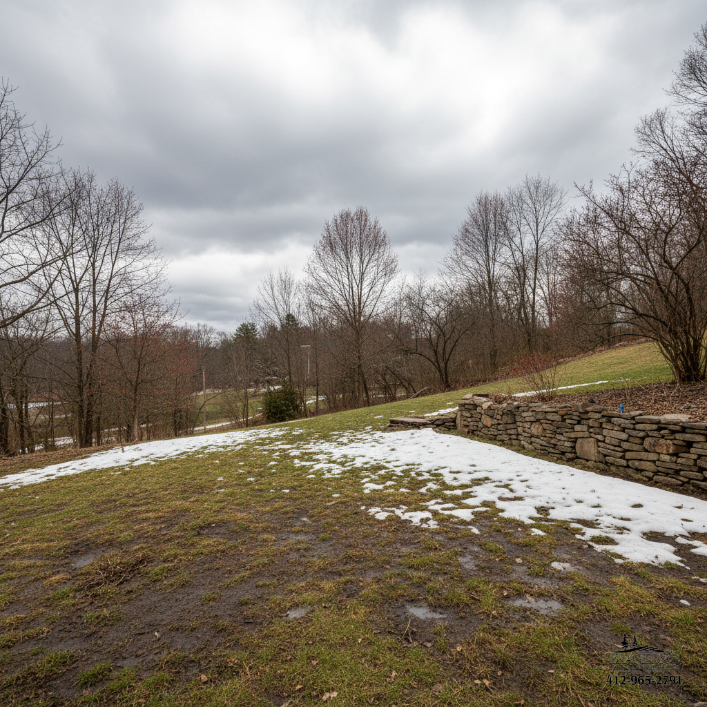 A southwestern Pennsylvania yard in early spring showing the transition from winter with patchy ground and bare trees beginning to bud